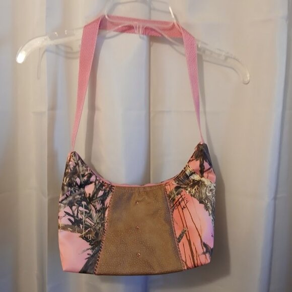 New Vinyl Camo Top handle Shoulder Bag Purse Hot Pink Brown Crescent Baguette - Picture 1 of 10